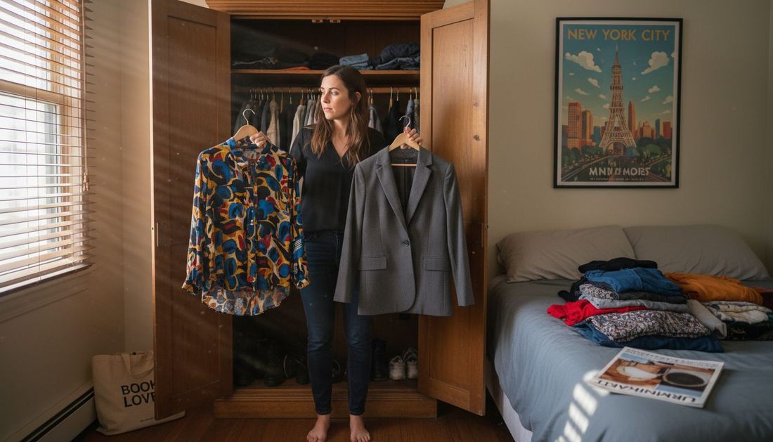 Woman deciding between outfits at wardrobe