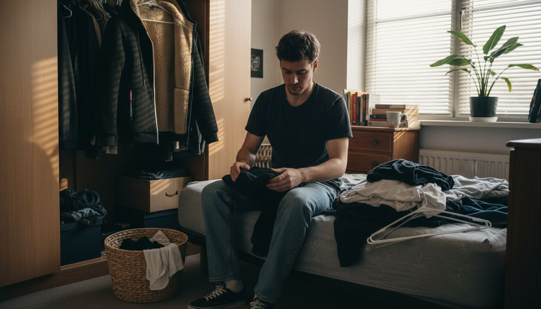 Man sorting urban casual clothes in bedroom