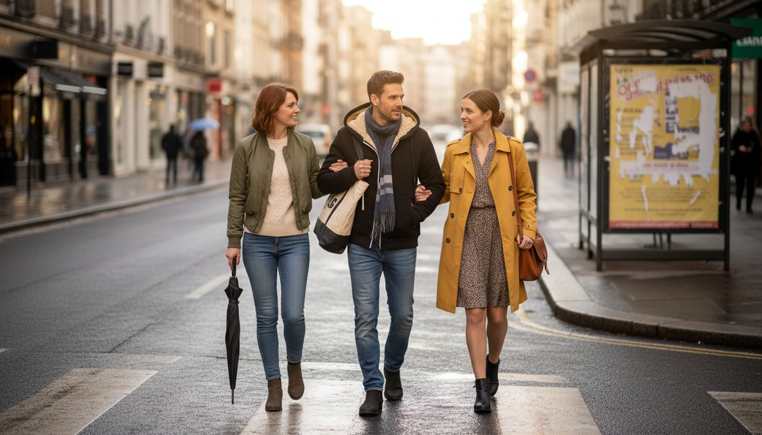 People in layered seasonal outfits walking on city street