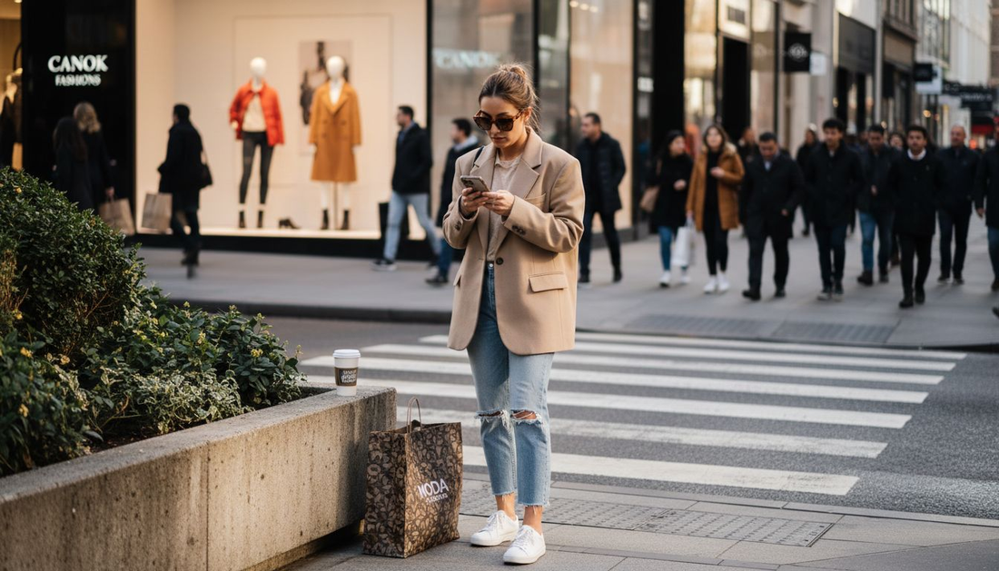 Woman checking phone with shopping bag, city street