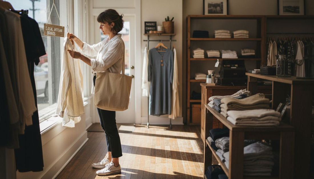 Shopper examining clothing in boutique sunlight