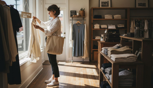 Shopper examining clothing in boutique sunlight