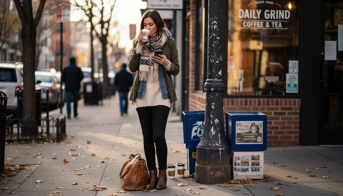 Woman layered in streetwear at city café