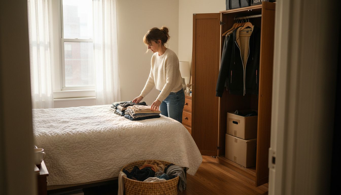 Woman sorting seasonal clothes in bedroom