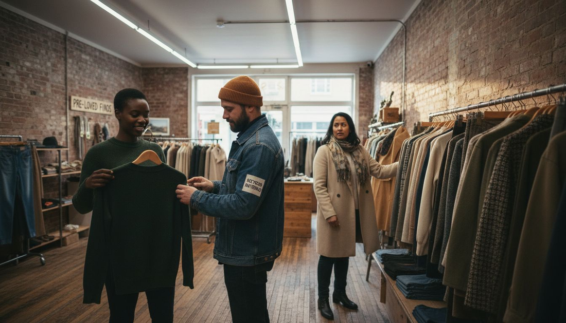 Shoppers browsing eco-friendly winter clothing racks