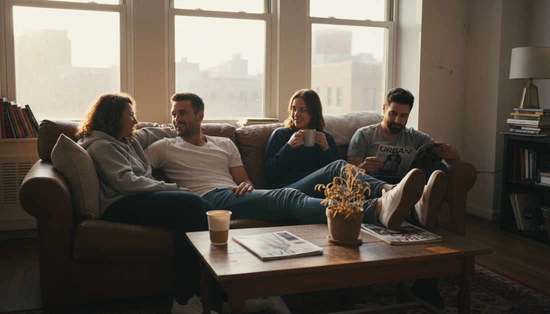 Group wearing essential casual wear on sofa