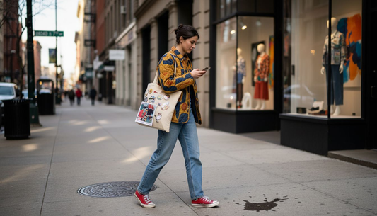 Woman expressing style walking on city street
