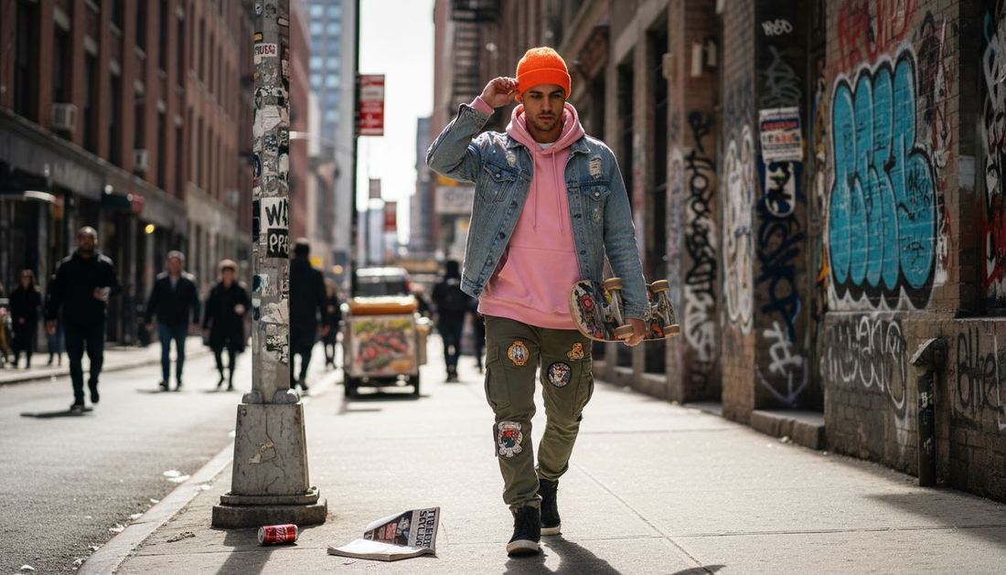 Urban skateboarder in colorful streetwear