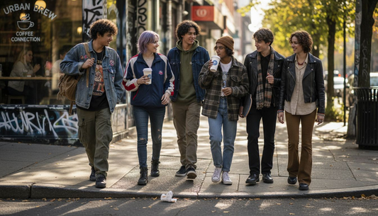 Teens in diverse styles walking city street