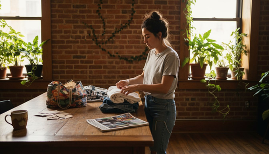 Woman folding sustainable fashion laundry