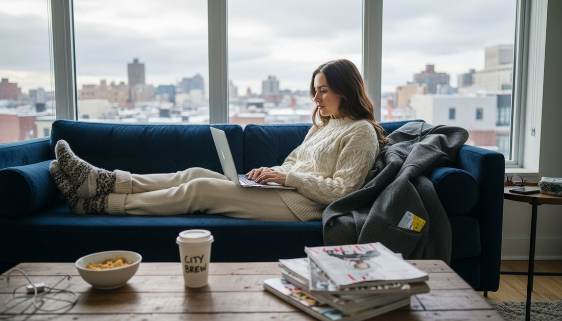 Woman browsing winter fashion online at home