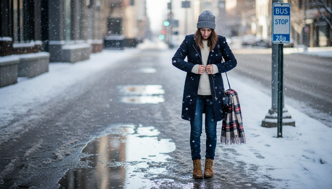 Woman zipping coat snowy city sidewalk