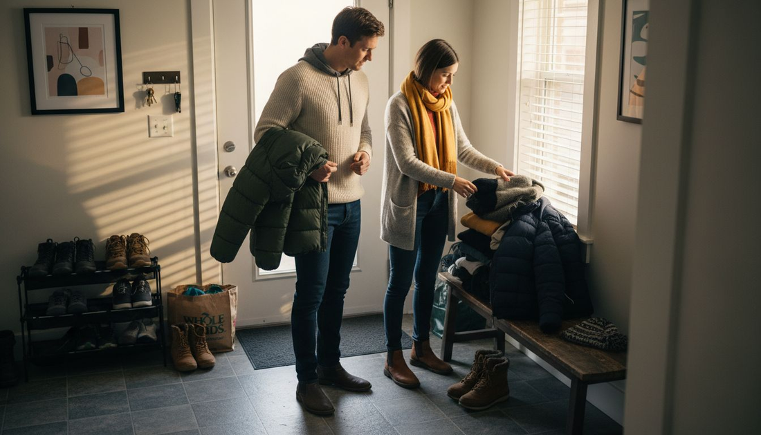 Young adults organizing essential winter wardrobe