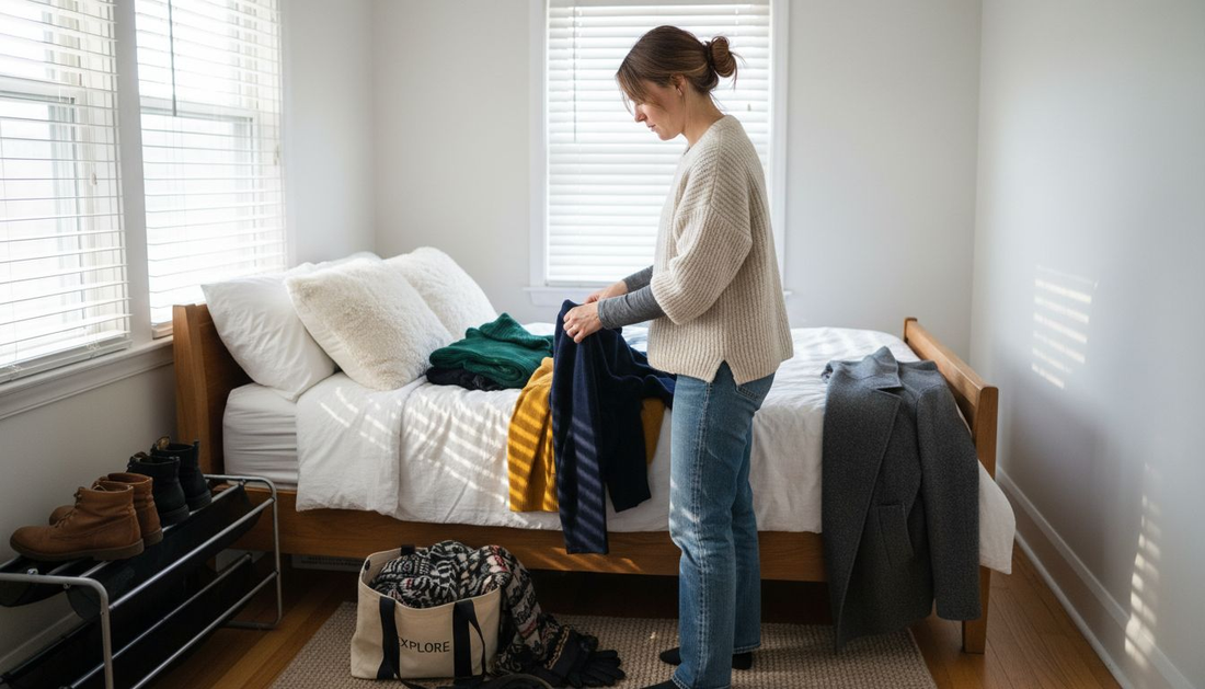 Woman organizing winter layering pieces