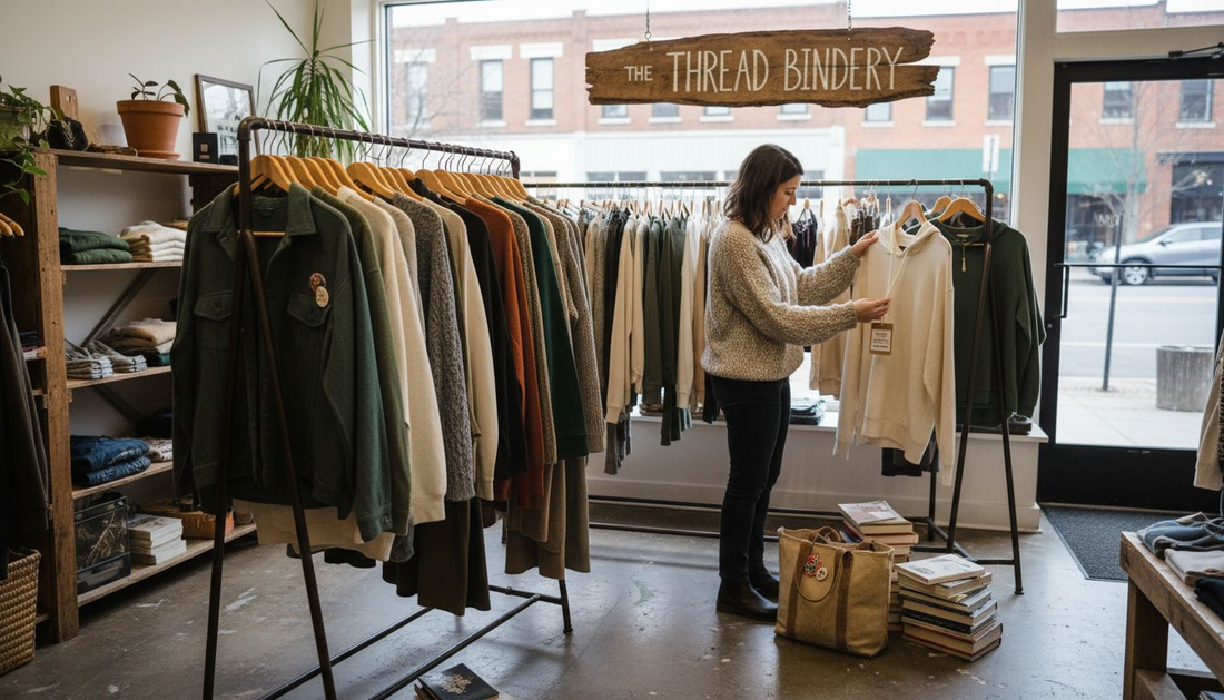 Woman shopping for sustainable clothes in boutique