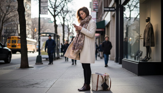 Woman checks fashion trends on city street