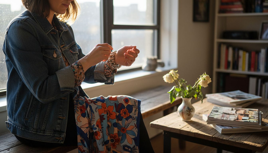 Woman adjusting bracelet near fashion magazines