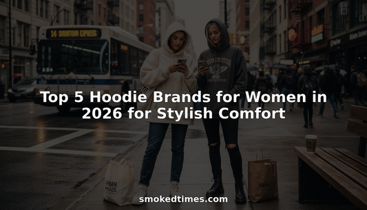 Women in trendy hoodies on winter city street