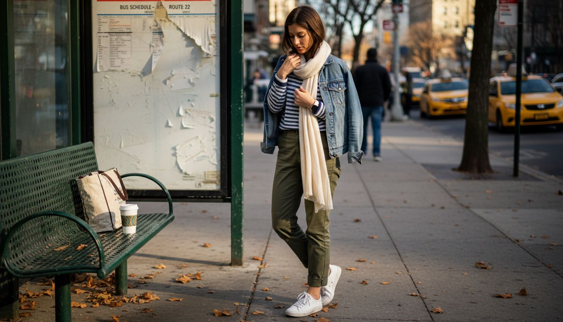 Woman in layered seasonal street fashion style
