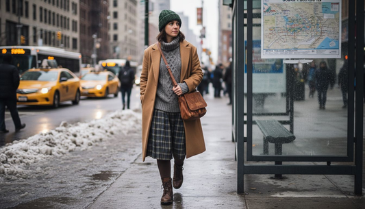 Woman layering winter fashion on city street