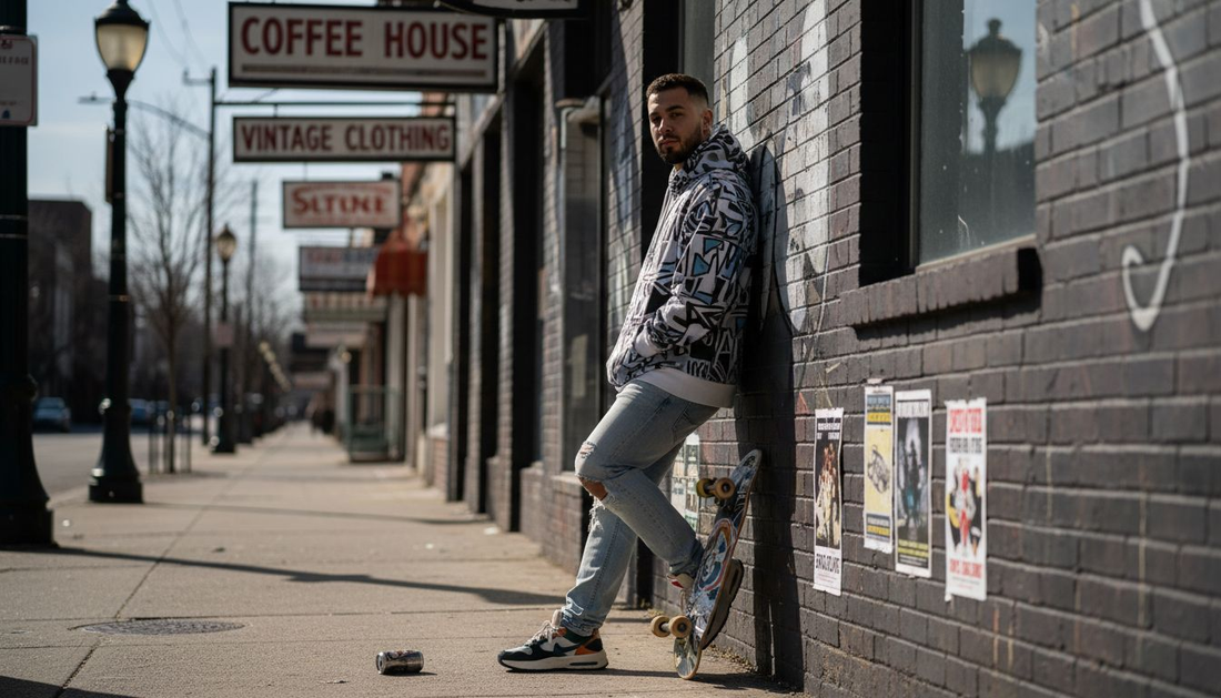 Young man in streetwear on urban sidewalk