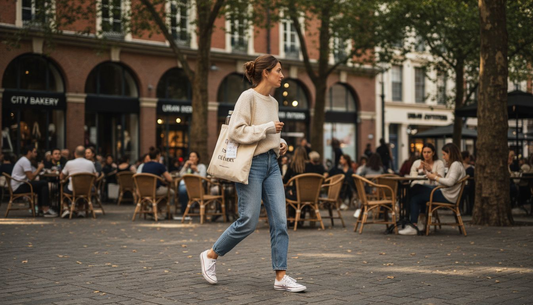 Woman in relaxed clothing walking city plaza