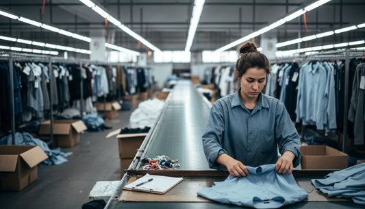 Factory worker folding shirts in clothing warehouse