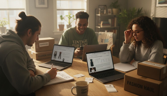 Young adults shopping for clothes online together