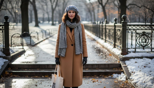 Woman layering winter accessories at park entrance