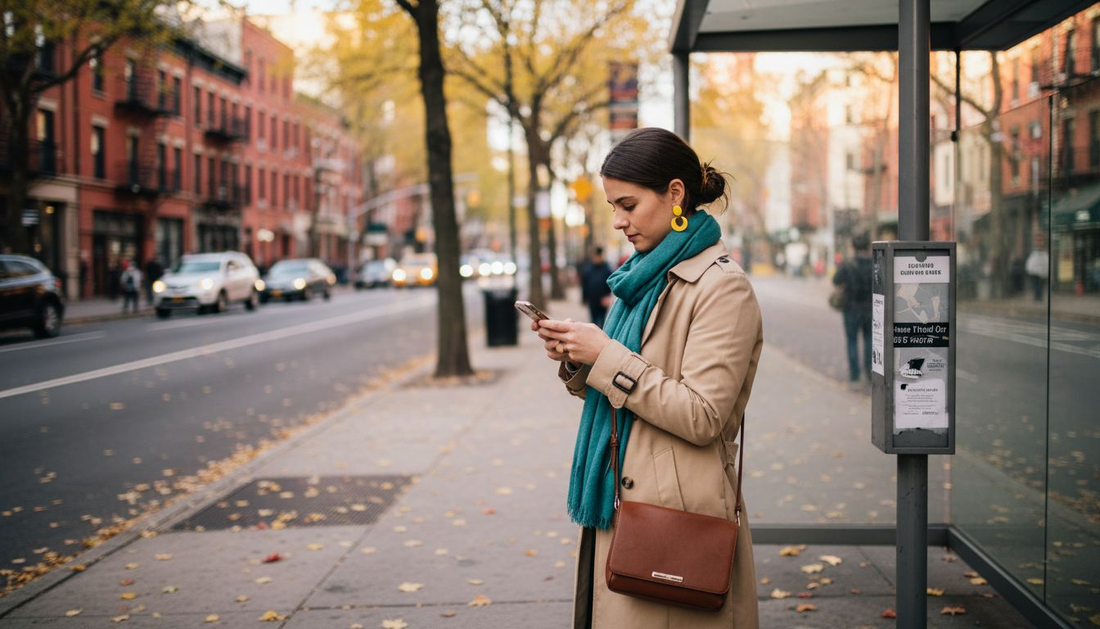 Woman at bus stop with accessories
