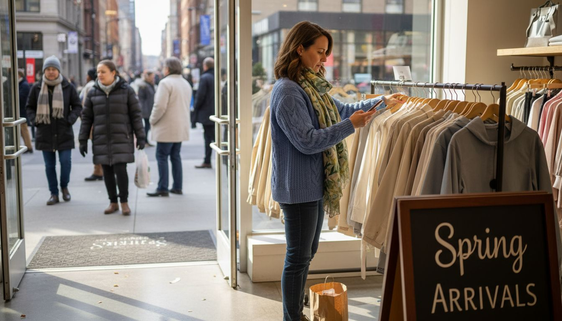 Store manager adjusting seasonal clothing display