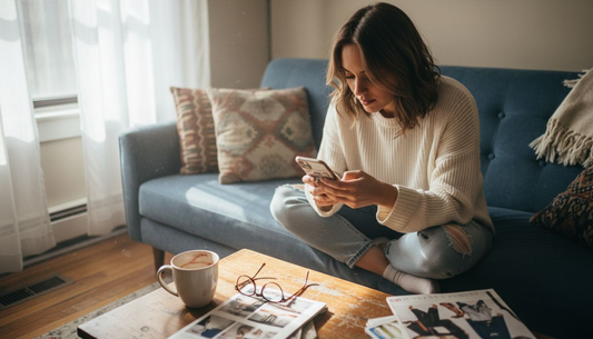 Woman reading fashion reviews on smartphone
