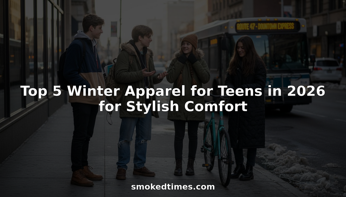 Teens in trendy winter apparel on city sidewalk