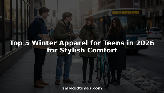 Teens in trendy winter apparel on city sidewalk