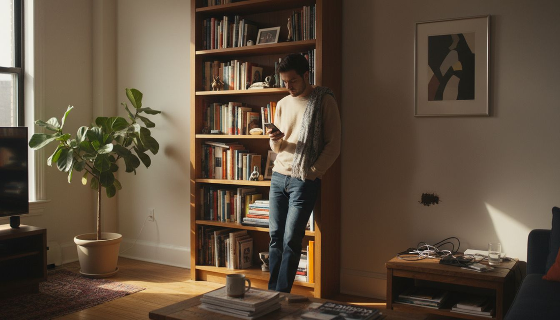 Man wearing pullover in casual apartment setting