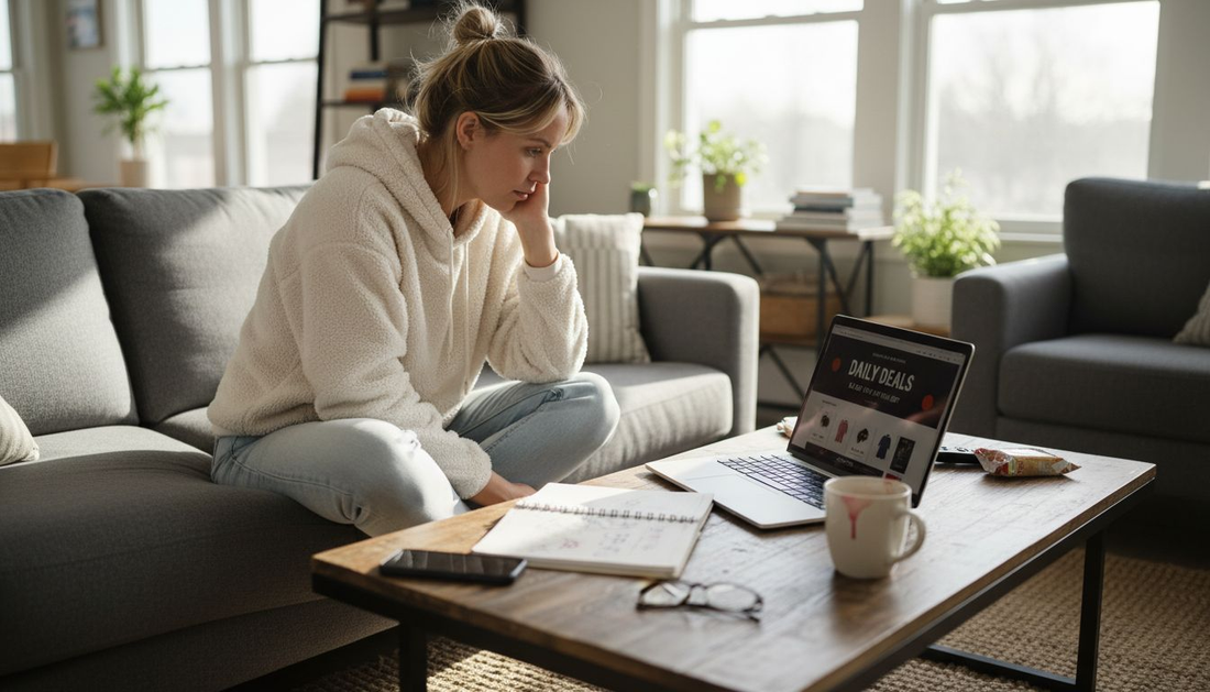 Woman shopping for apparel deals at home
