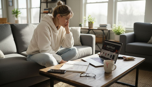 Woman shopping for apparel deals at home