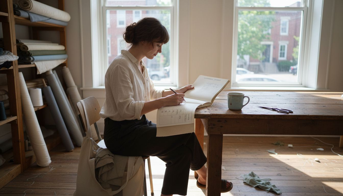 Designer studying sustainable fabric swatches in studio