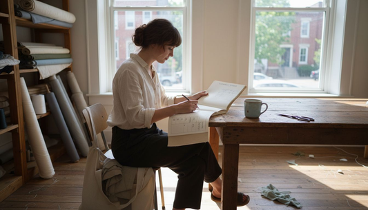 Designer studying sustainable fabric swatches in studio