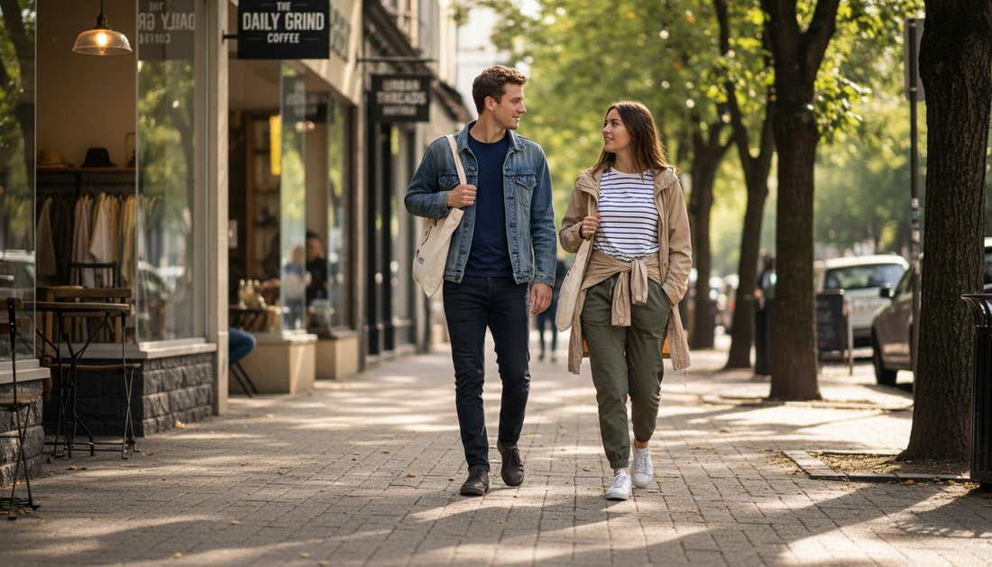 Young adults walking in casual outfits on city street