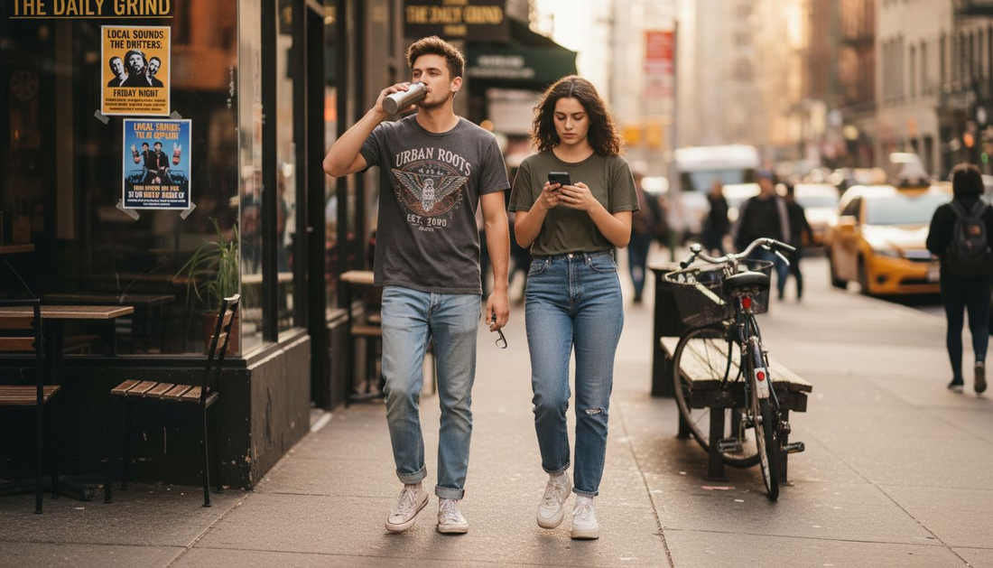 Diverse urban scene with stylish t-shirts