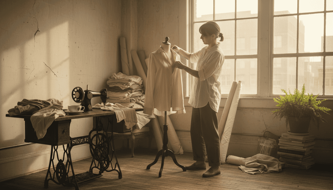Designer adjusting sustainable clothing in sunlit studio