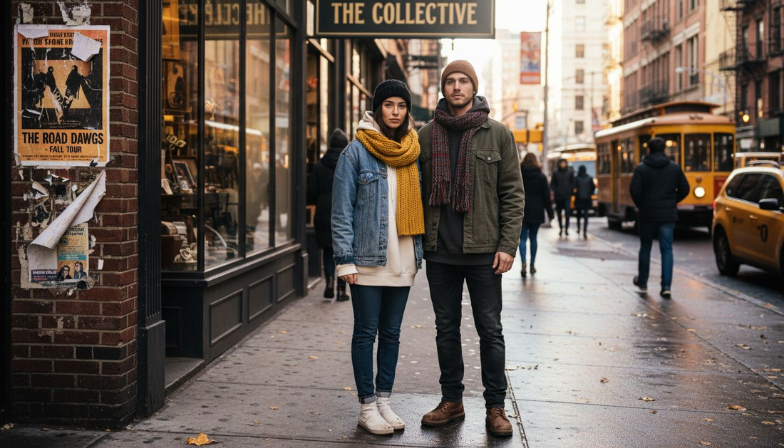 People in layered seasonal streetwear outside storefront