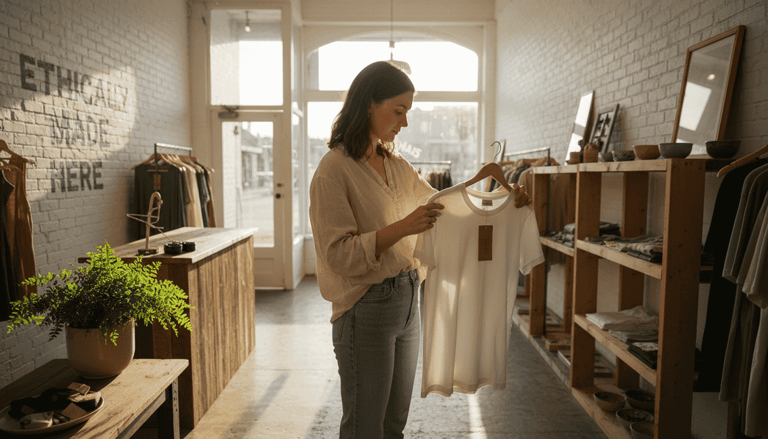 Shopper checks tag in ethical apparel store