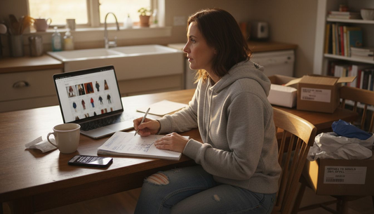 Woman comparing clothing products at kitchen table