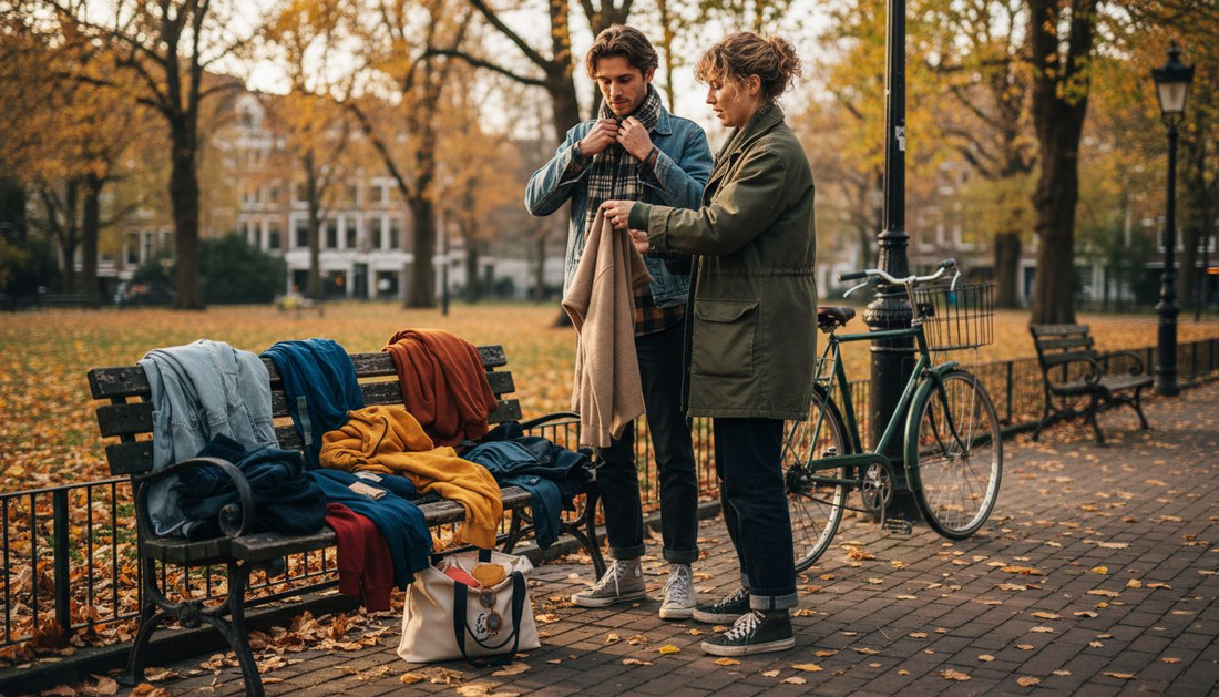 Young adults layering seasonal clothing in city park