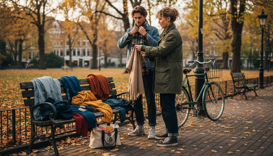 Young adults layering seasonal clothing in city park