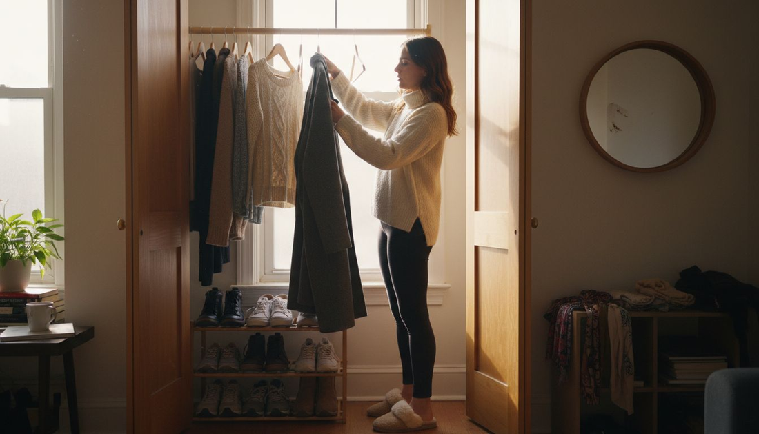Woman sorting winter wardrobe in apartment closet