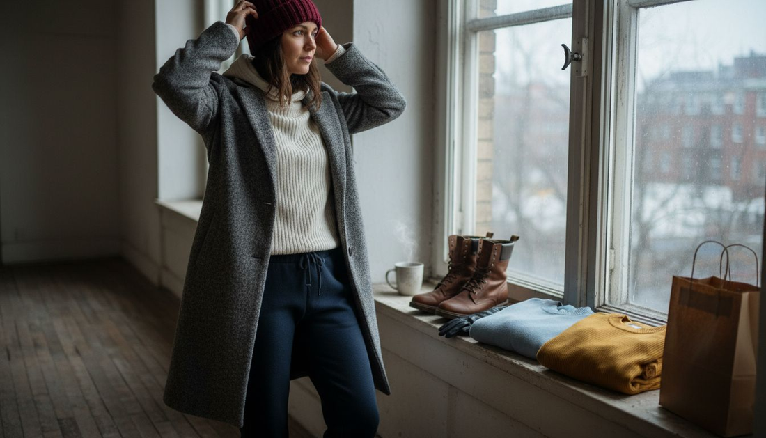 Woman assembling layered winter fashion outfit