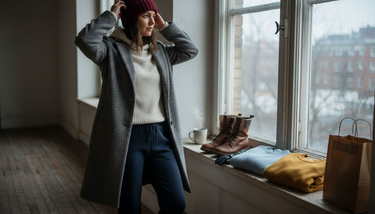Woman assembling layered winter fashion outfit